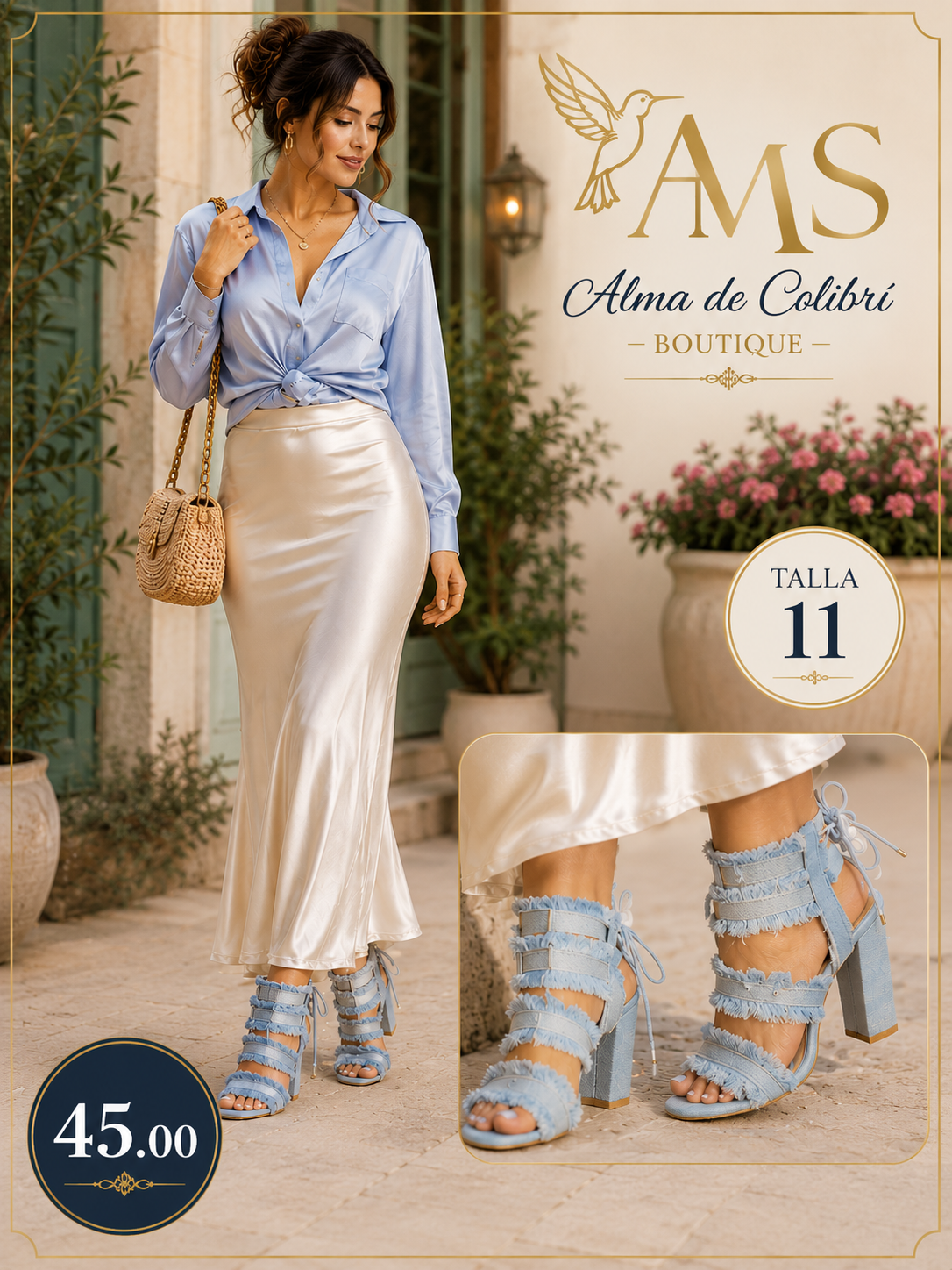 Sky Blue Fringe Block Heel Sandals